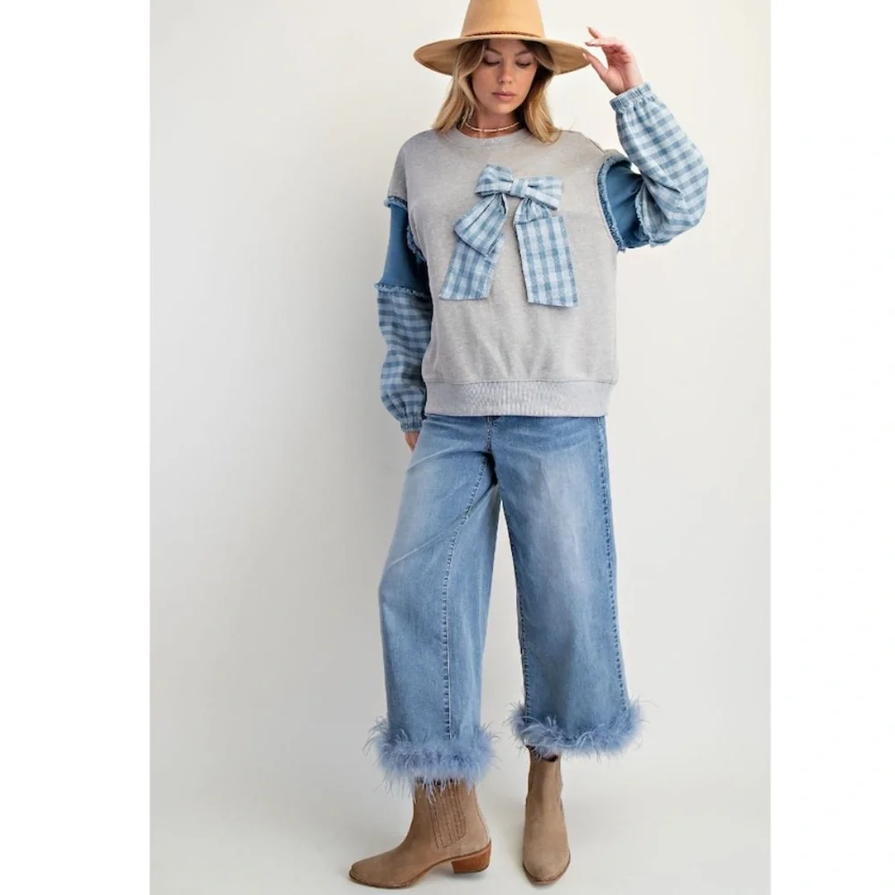 🌟 “The McKenna" Gray Denim Contrast Plaid Bow Pullover - Picture 2 of 4